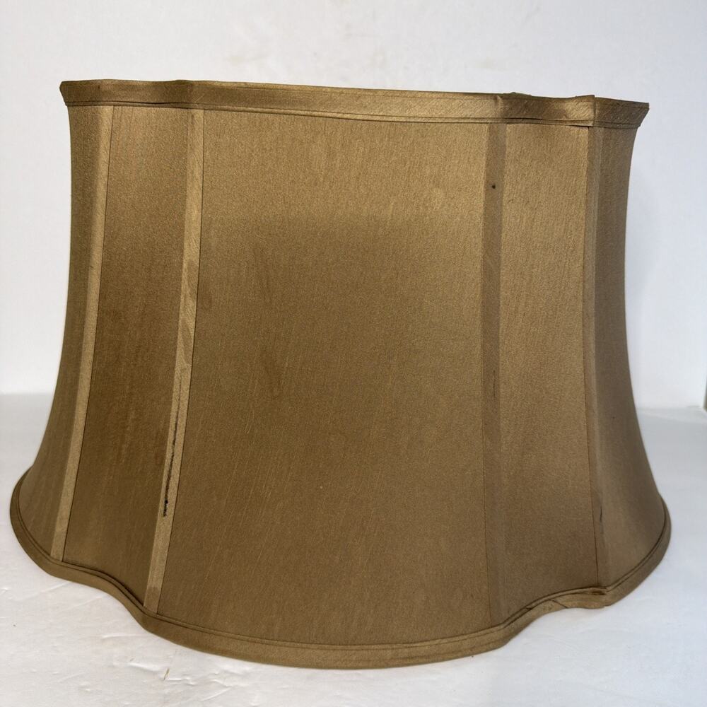 Lamp Shade Beige Fabric over Fabric 11.5 X 19” Ribbed Vintage MCM Scalloped Oval